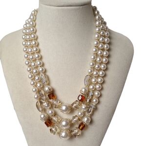 Vtg Japan Multi Strand Faux Pearl & Glass Bead Necklace 15-18" Hook Clasp